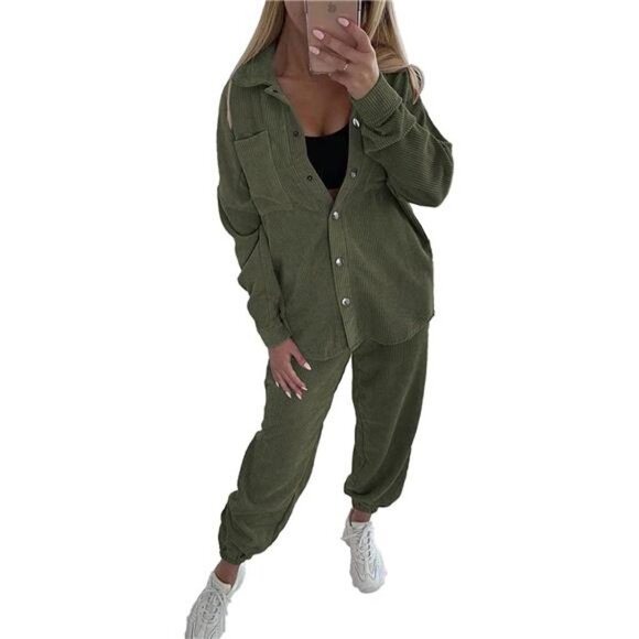Women's Tracksuit Corduroy Long Sleeve Button Down Jacket and Pants Set